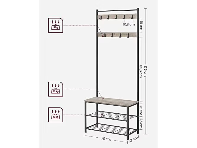 VASAGLE Garderobenständer 70 x 175 x 32 cm, Braun/Schwarz