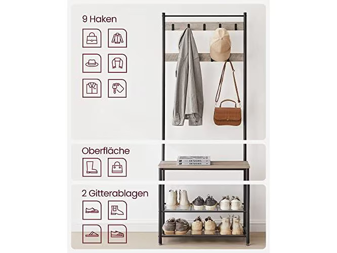 VASAGLE Garderobenständer 70 x 175 x 32 cm, Braun/Schwarz