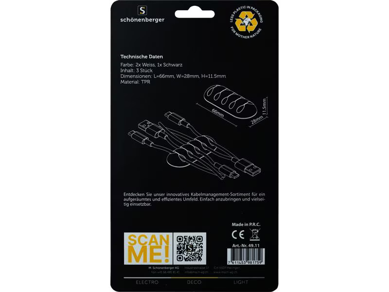 Schönenberger CableClip Kabelhalterungen, 66 mm, Weiss / Schwarz