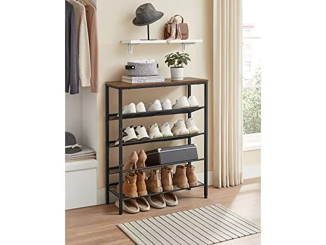 VASAGLE Schuhregal mit 5 Ablagen 75 x 30 x 93 cm, Braun/Schwarz
