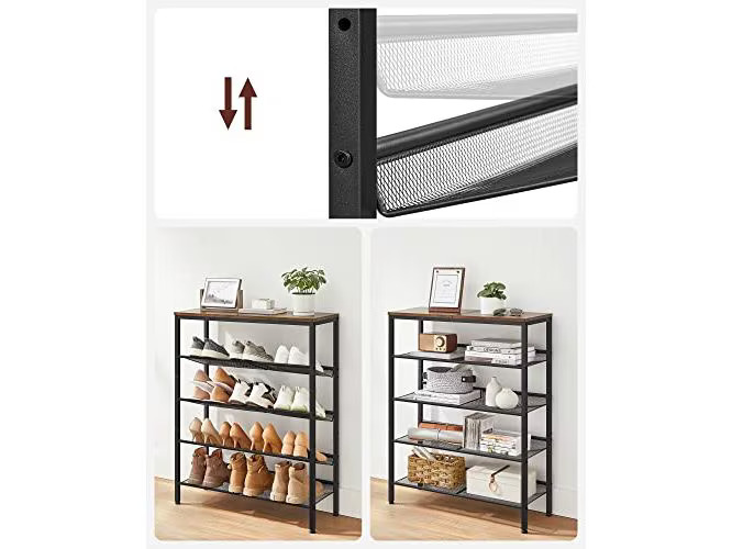 VASAGLE Schuhregal mit 5 Ablagen 75 x 30 x 93 cm, Braun/Schwarz