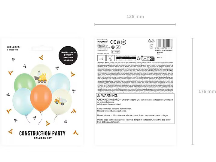 Partydeco Luftballon Ballon Baufahrzeuge Ø 30 cm, 6 Stück, Mehrfarbig