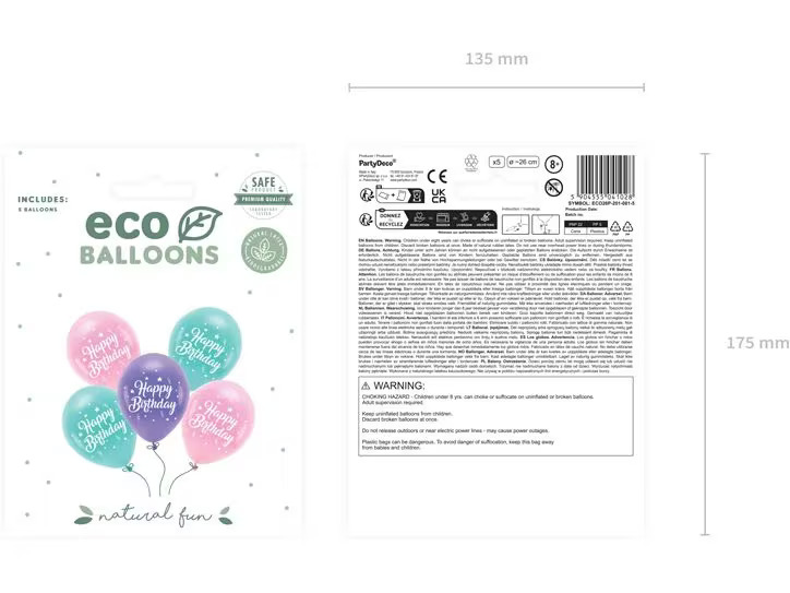 Partydeco Luftballon Happy Birthday Ø 26 cm, 5 Stück, Rosa