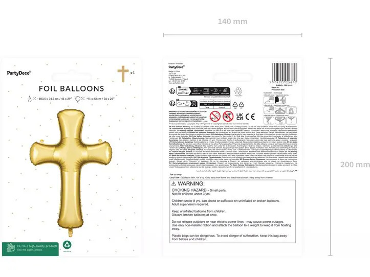 Partydeco Folienballon Kreuz Gold, 103.5 x 74.5 cm