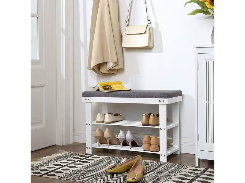 Songmics Schuhregal mit Bank aus Bambus, Grau/Weiss