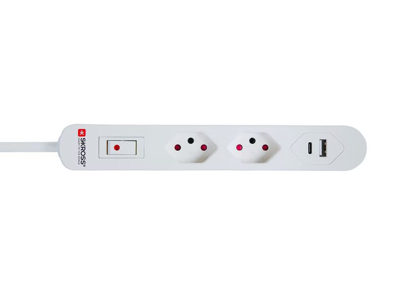 SKROSS Steckdosenleiste 2 x T13, USB-A+C, mit Schalter, 1.5 m