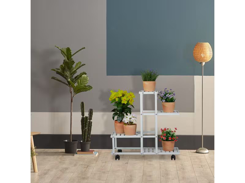 relaxdays Pflanzenständer mit Rollen 60.5 cm, Weiss