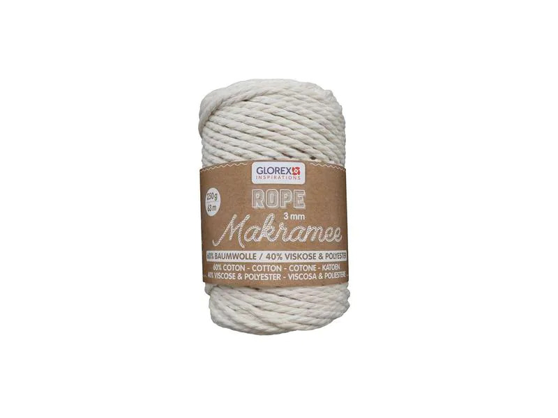 Glorex Wolle Makramee Rope gedreht 3 mm, 250 g, Weiss