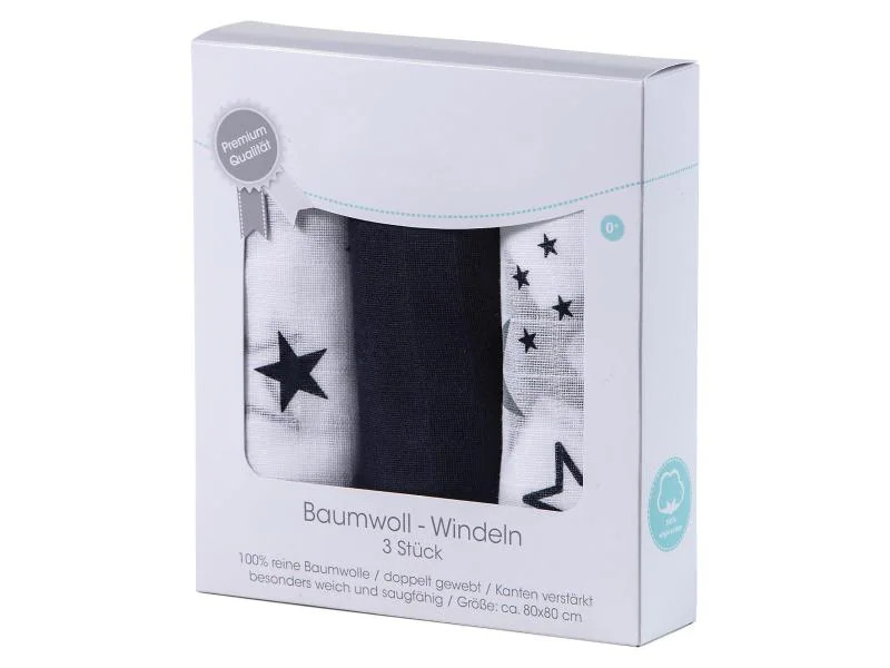 MAKIAN Mulltuch 3-er Set 80 x 80 cm Blau und Weiss Sterne