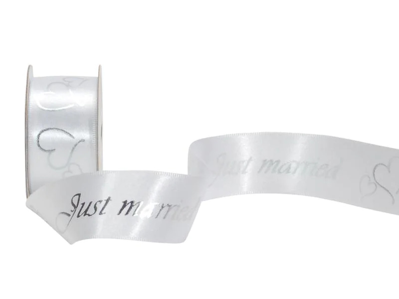 Spyk Geschenkband Cubino Just Married 25 mm x 3 m, Silber/Weiss