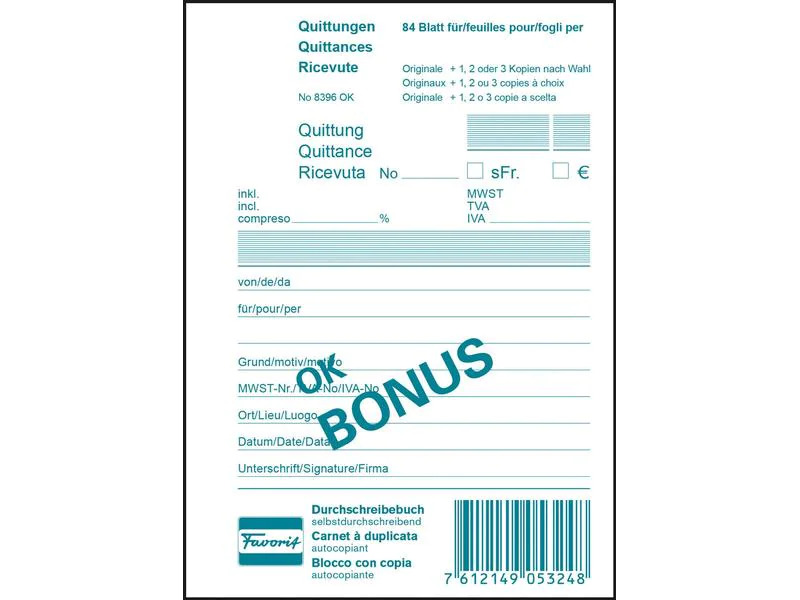 Favorit Durchschreibeblock 104 x 144 mm Quittungen Bonus, 84 Blatt