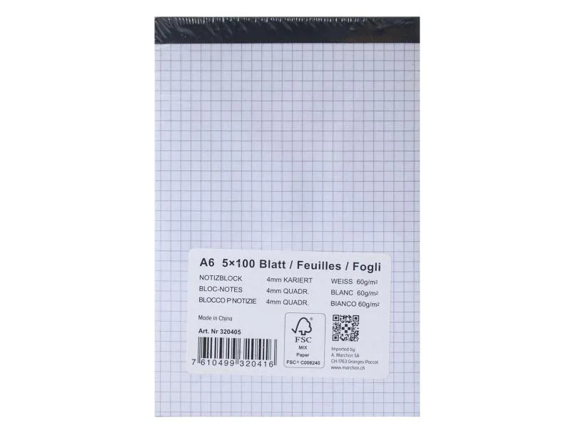 Office Notizblock A6 100 Blatt, Kariert, 5 Stück