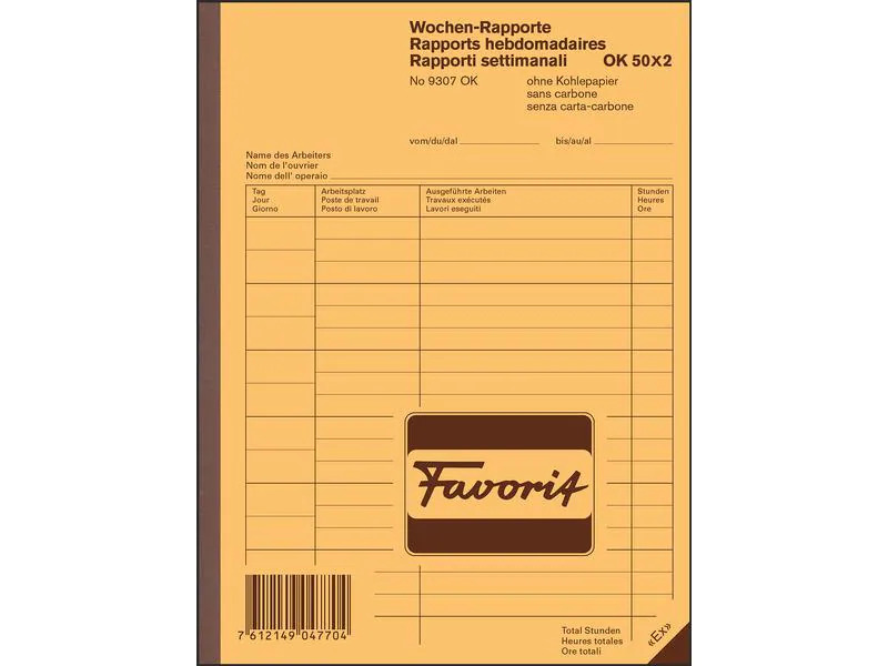 Favorit Durchschreibeblock 156 x 210 mm, Wochen-Rapporte