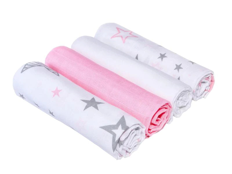 MAKIAN Mulltuch 4-er Set 80 x 80 cm Pink und Weiss Sterne
