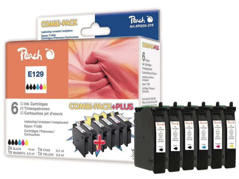 Peach Tintenset Epson T1295 C, M, Y, 3x BK