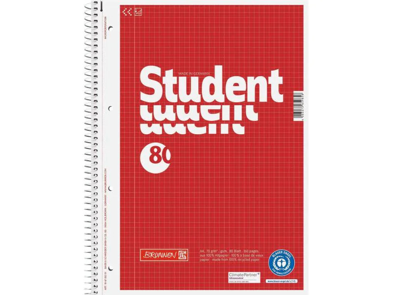 Brunnen Collegeblock A4 Recycling A4, Kariert, 80 Blatt