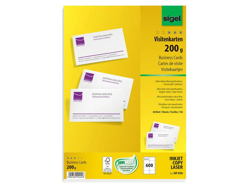 Sigel Visitenkarten-Etiketten 8.5 x 5.5 cm, 60 Blatt, 200 g, Weiss
