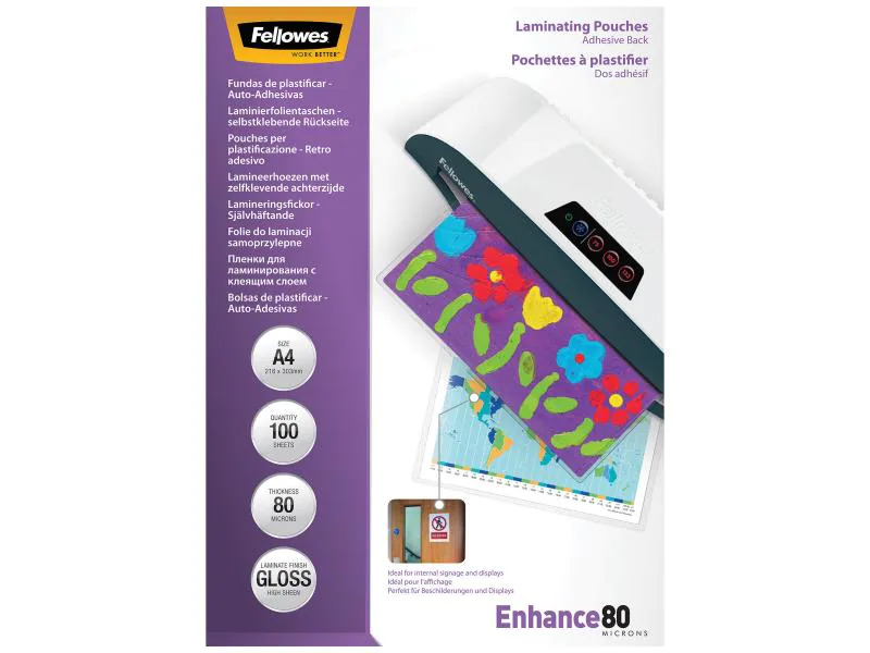 Fellowes Laminierfolie A4, 80 µm, 100 Stück, Glänzend, Selbstklebend