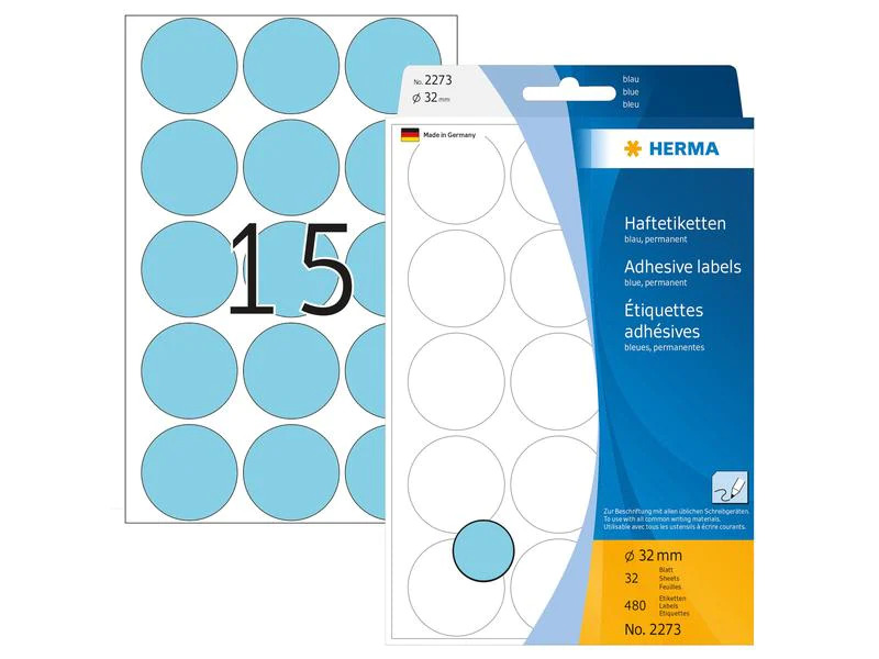 HERMA Vielzweck-Etiketten 2273 Blau Ø 32 mm, 32 Blatt