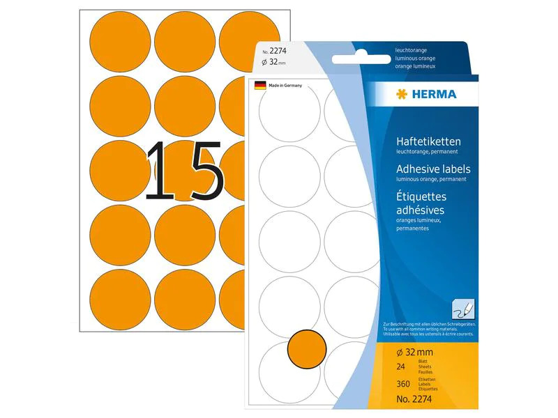 HERMA Vielzweck-Etiketten 2274 Leuchtorange Ø 32 mm, 24 Blatt