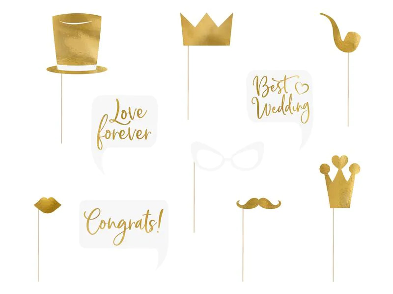 Partydeco Hochzeitsaccessoire Photo Booth Wedding Set 10-teilig, Gold