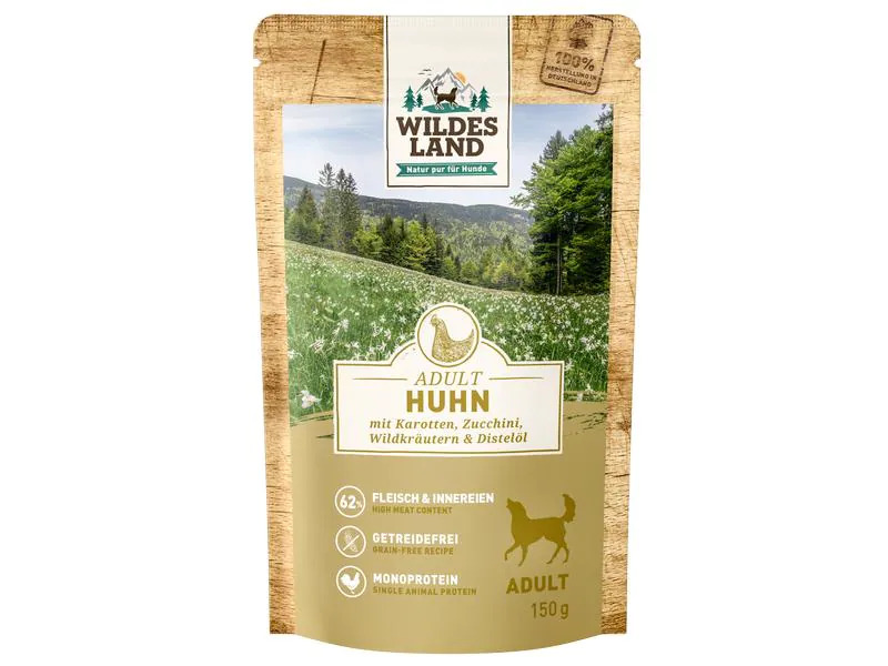 Wildes Land Nassfutter Huhn mit Karotten, Zucchini &amp; Wildkräutern 8x150g