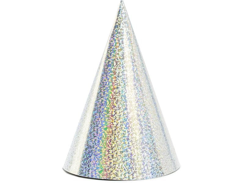 Partydeco Partyhüte holografisch Silber, 16 x 10 cm, 6 Stück