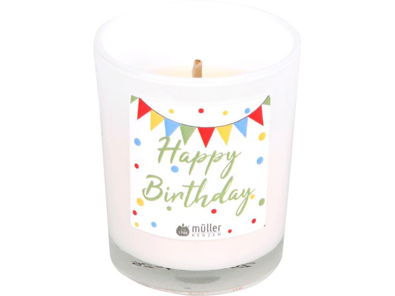 müller Kerzen Kerze im Glas «Happy Birthday» 6.5 x 5.5 cm, Weiss