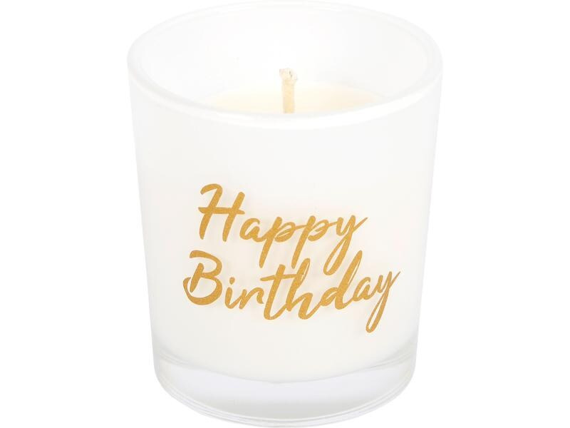 müller Kerzen Kerze im Glas «Happy Birthday» 6.5 x 5.5 cm, Weiss
