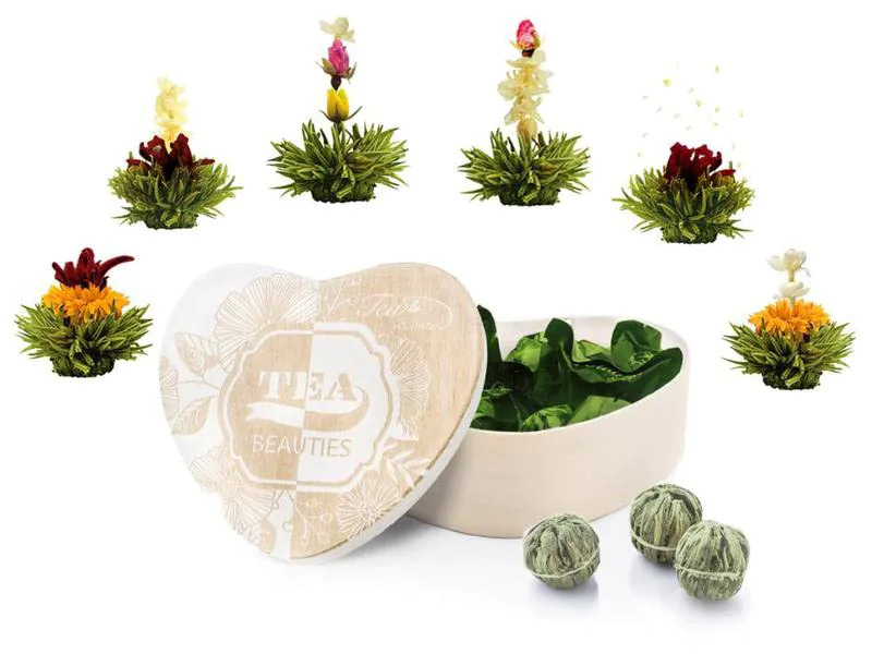 Creano Erblühtee Kugeln Mix grüner Tee 6er Holzherzbox