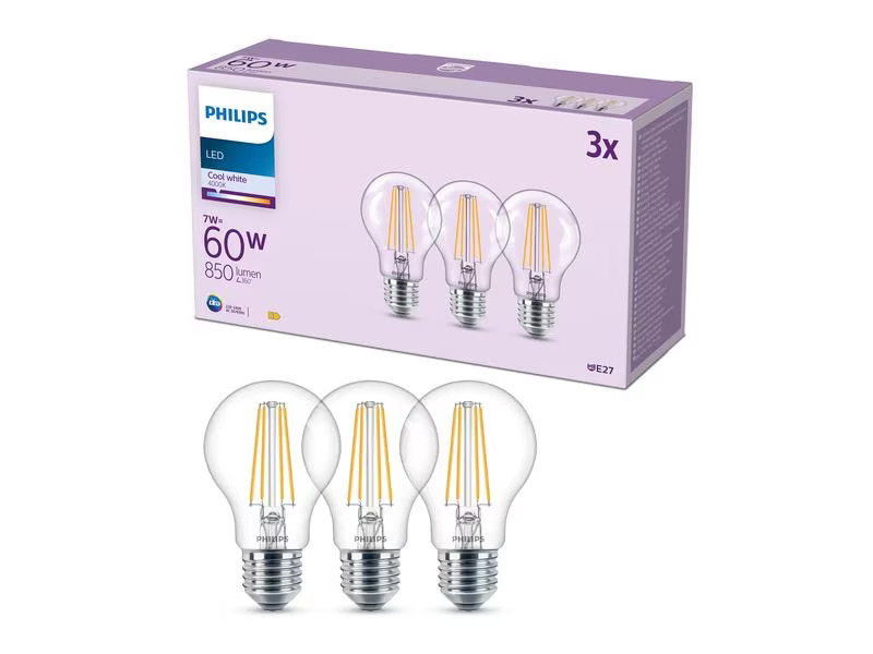 Philips Lampe LED classic 60W A60 E27 CW CLND 3CT/4 EC Neutralweiss