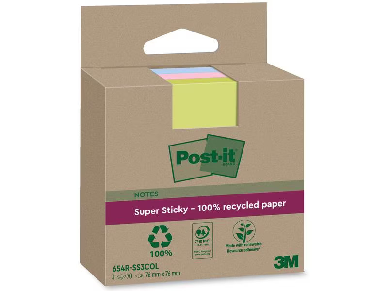 Post-it Notizzettel Super Sticky Recycling, Mehrfarbig, 3 Blöcke