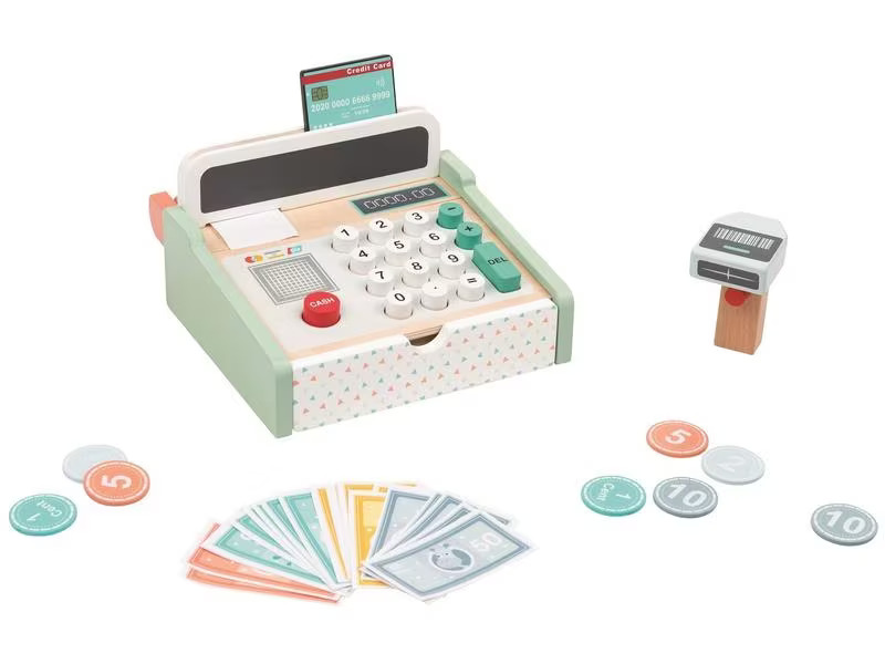 Spielba Holzspielwaren Spielgeld Kasse mit Scanner + Holzrechner