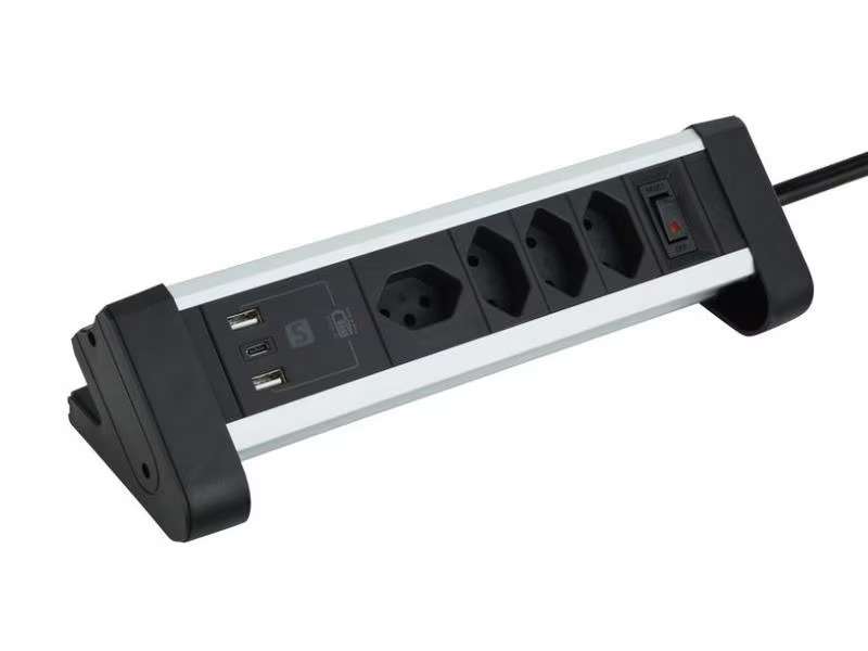 Schönenberger Tischsteckdosenleiste Alu 4× T13, 1x USB-C, 2x USB-A, 2 m