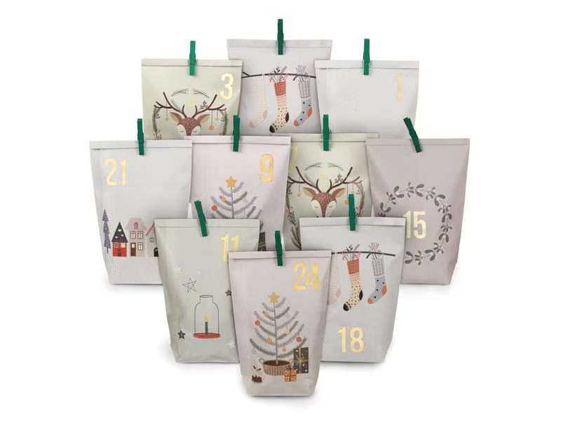 G. Wurm Adventskalender Tüten mit Klammern Weihnachtsmotiv, 72 Stück