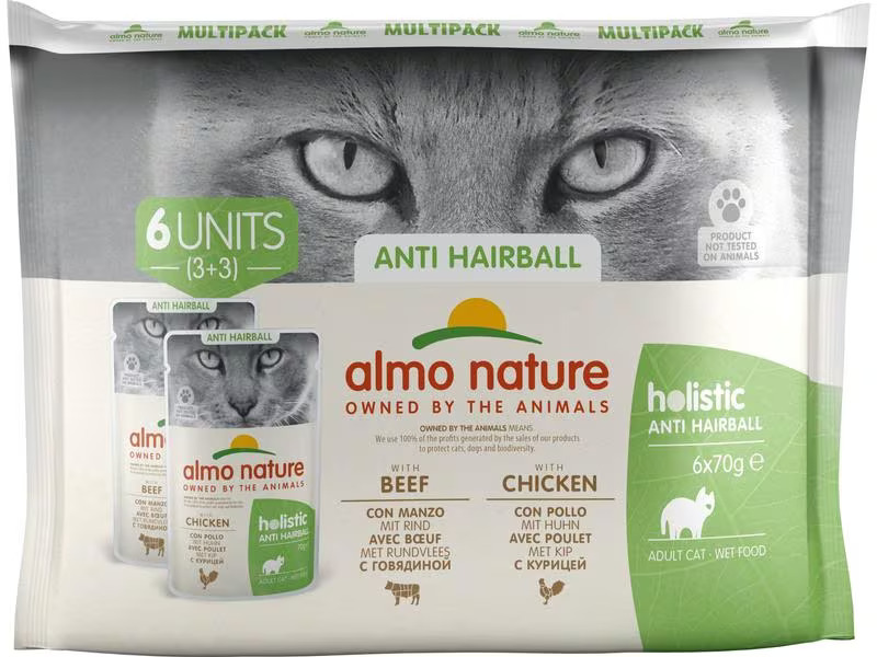 Almo Nature Nassfutter Holistic Anti Hairball mit Rind &amp; Huhn, 6 x 70 g