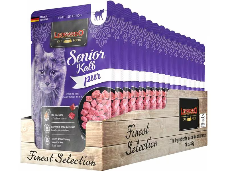 Leonardo Cat Food Nassfutter Senior Kalb Pur, 16 x 85 g
