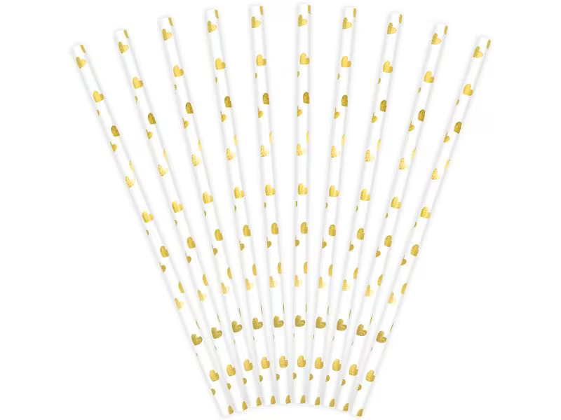 Partydeco Strohhalm Herzen 10 Stück, Gold/Weiss