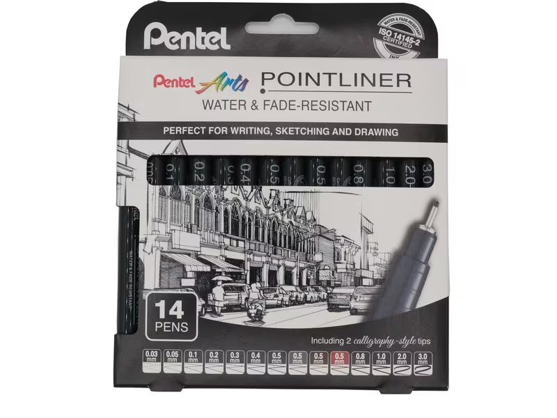 pentel Fineliner Pigment Pointliner Schwarz, 14er Set