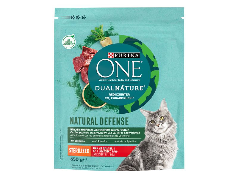 Purina ONE Trockenfutter Dual Nature Sterilised Rind &amp; Spirulina, 650 g