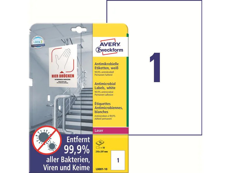 Avery Zweckform Antimikrobielle-Etiketten 210 x 297 mm, 10 Blatt, Weiss