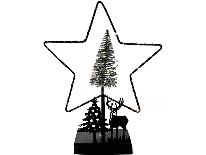 Dameco Tischdeko Stern mit Hirsch und Baum, 26 LEDs, 32 cm, Schwarz