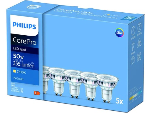 [90100240 1112125] Philips Professional Lampe CorePro LEDspot 4.6-50W GU10 827 36D 5 Stk.