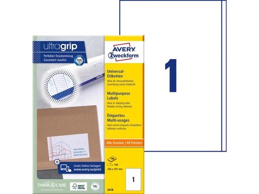 [90101637 926252] Avery Zweckform Universal-Etiketten 3418 200 x 297 mm, 100 Blatt