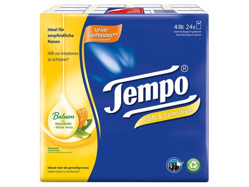 [90108726 479343] Tempo Taschentücher Soft &amp; Sensitive 4-lagig 24 x 9 Stück