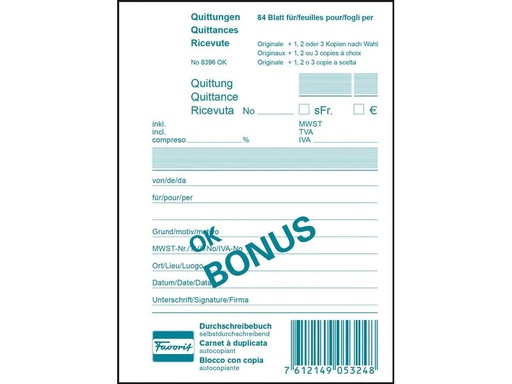 [90109802 1211628] Favorit Durchschreibeblock 104 x 144 mm Quittungen Bonus, 84 Blatt