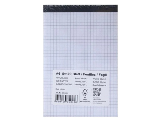 [90110206 879911] Office Notizblock A6 100 Blatt, Kariert, 5 Stück