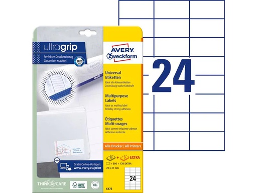 [90110913 428018] Avery Zweckform Universal-Etiketten 6173 70 x 37 mm, 25 Blatt