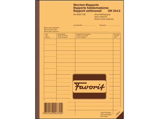 [90120801 1211622] Favorit Durchschreibeblock 156 x 210 mm, Wochen-Rapporte