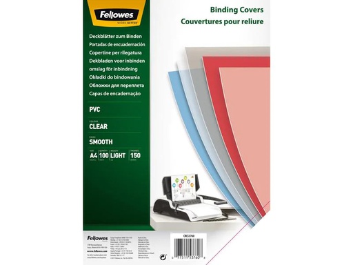 [90121085 56800] Fellowes Einbanddeckel A4, 150 µm, 100 Stück, Glatt, Transparent